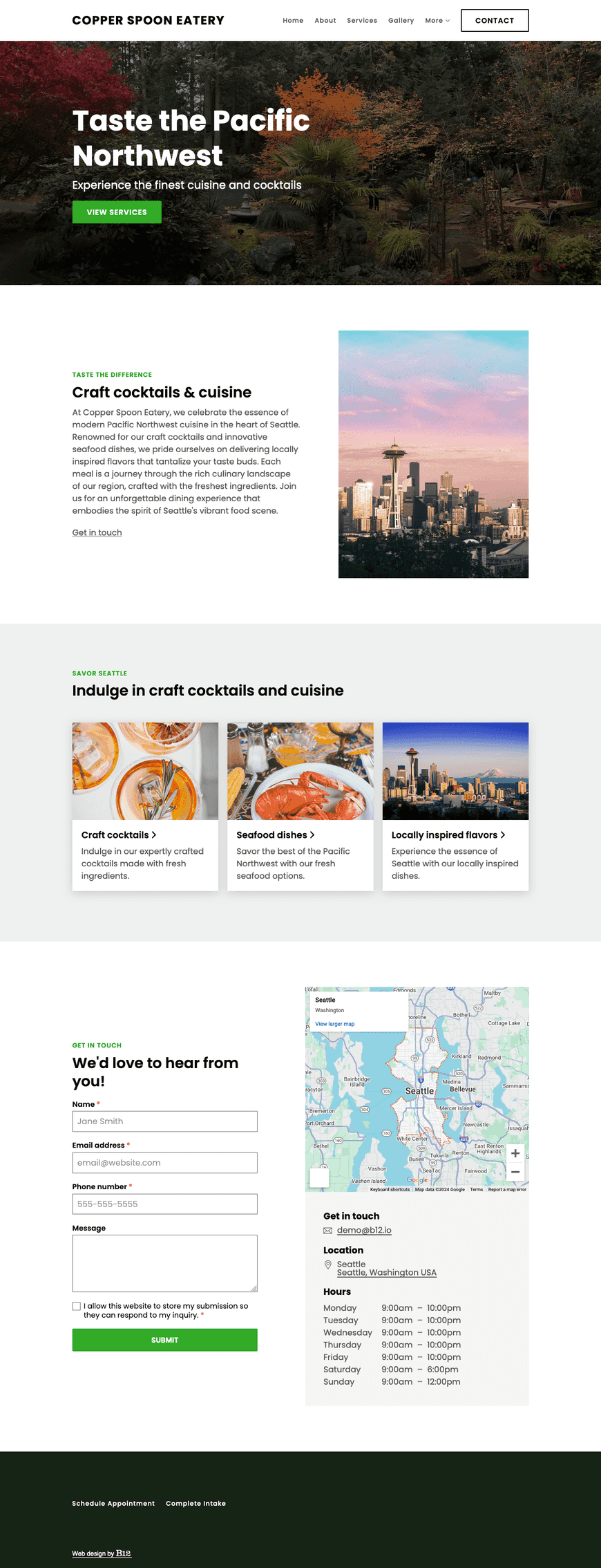 Our Seattle restaurant is renowned for its craft cocktails and modern Pacific Northwest cuisine. Our offerings include signature cocktails, seafood dishes, and locally inspired flavors. The website should showcase our menu, feature a gallery of our unique dishes and drinks, and include a testimonials section for customer reviews.