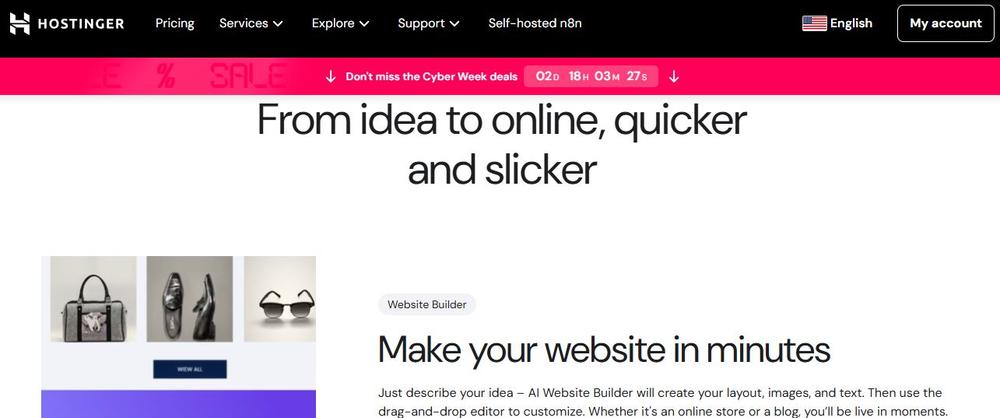 Screenshot of Hostinger AI Builder’s homepage