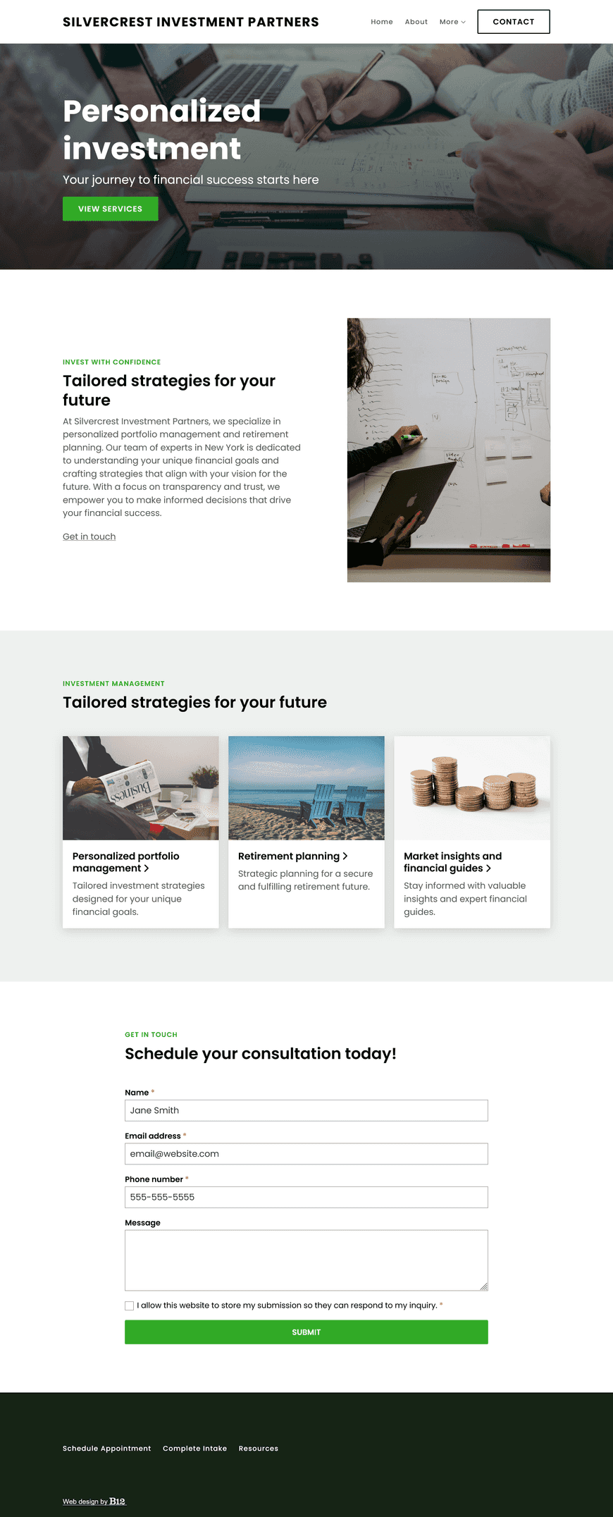 We're a New York investment firm specializing in personalized portfolio management and retirement planning. The site should include pages for our team (Sarah Benson, CFA, and David Lee, CFP), resources for market insights and financial guides, a contact form to schedule consultations.
