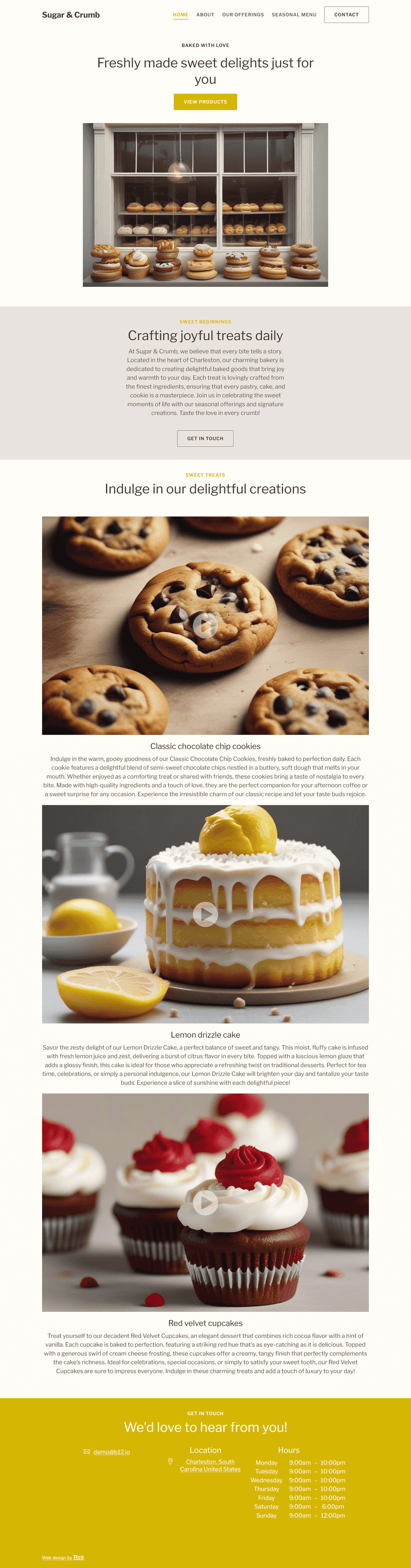 Design a charming and appetizing website for a neighborhood bakery in Charleston, South Carolina. Use pastel tones, elegant script fonts, and large photos of baked goods. Include sections for menu, seasonal offerings, and bakery story.