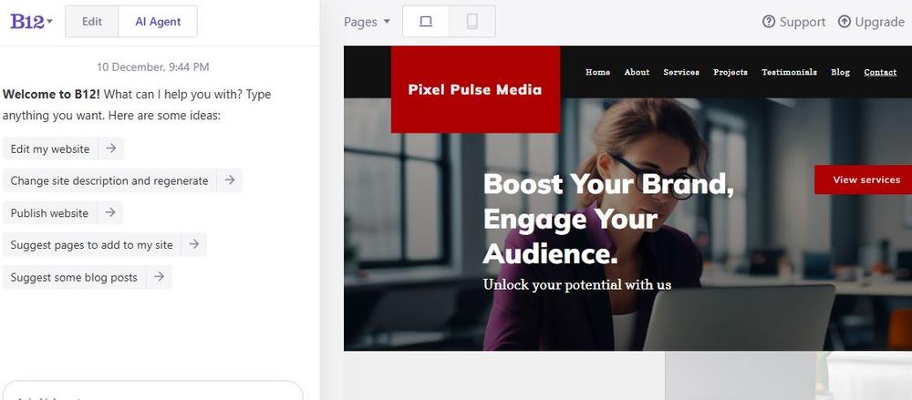 Screenshot of B12’s editor with AI Agent feature