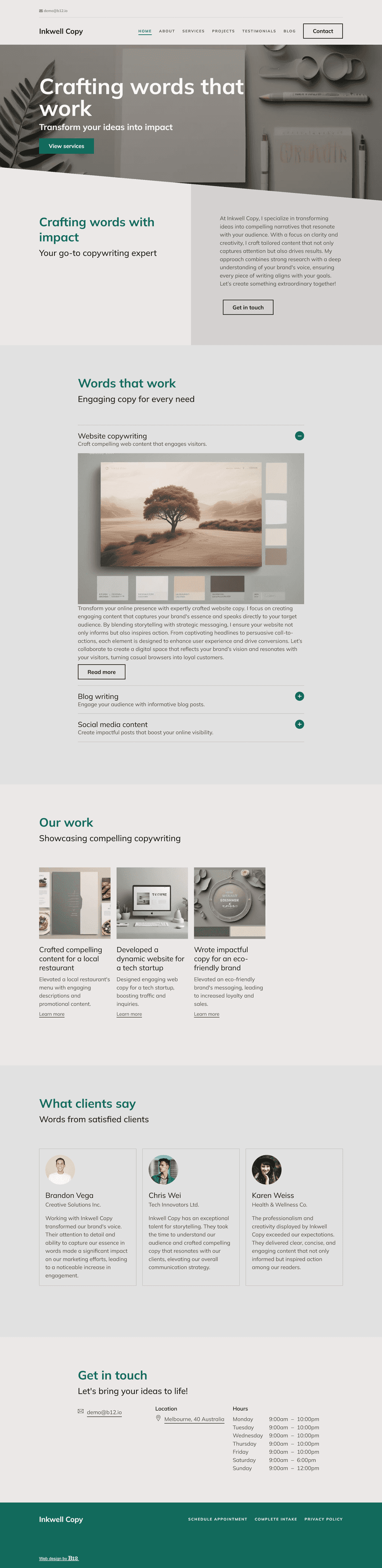 Design a clean and compelling portfolio website for a freelance copywriter based in Melbourne, Australia. Use strong typography, minimal design, and well-structured case studies to highlight writing style. Include an about section, work samples, client testimonials, and inquiry form.