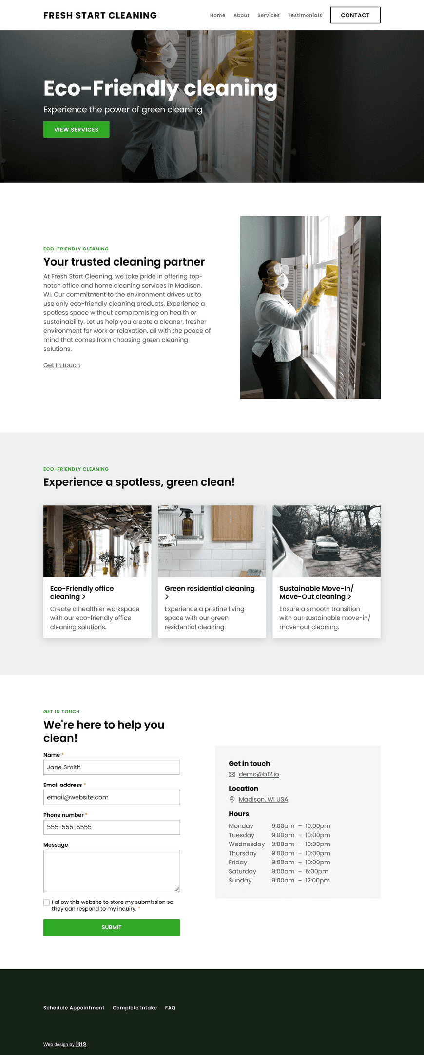 I provide office and home cleaning services in Madison, WI. I want the site to emphasize that I only use eco-friendly products. It should have a quote form, testimonials, and FAQs about how to book services and payment methods I accept.