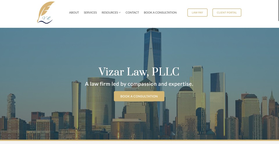 Vizar Law, PLLC, a law firm website built with B12, with a client portal link in the navigation