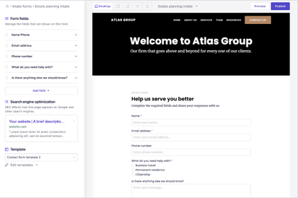 A B12 intake form builder next to the live form clients fill out on the website