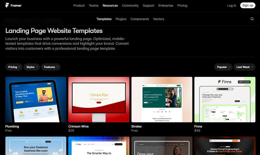 Screenshot of Framer AI’s landing page templates