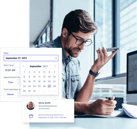 B12 scheduling and contact tools shown over a photo of a business owner