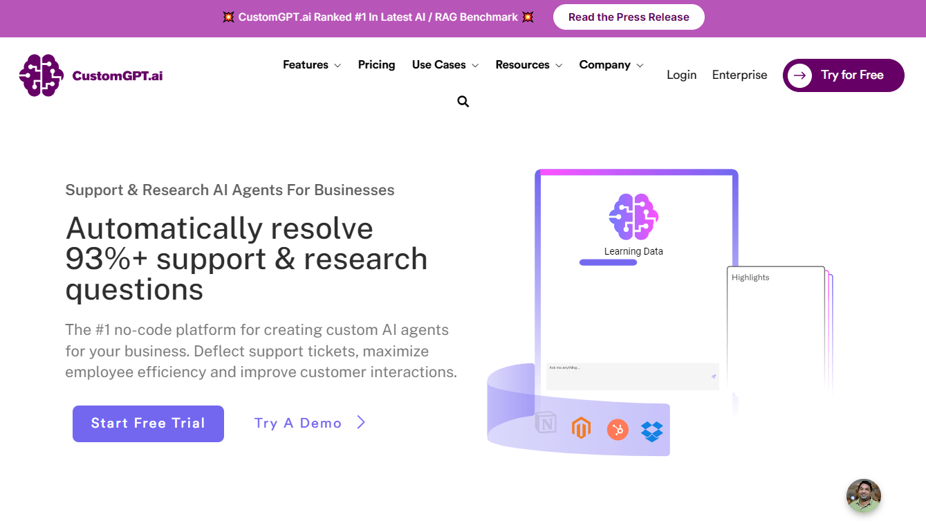 CustomGPT.ai - The Leading No-Code AI for Support & Research