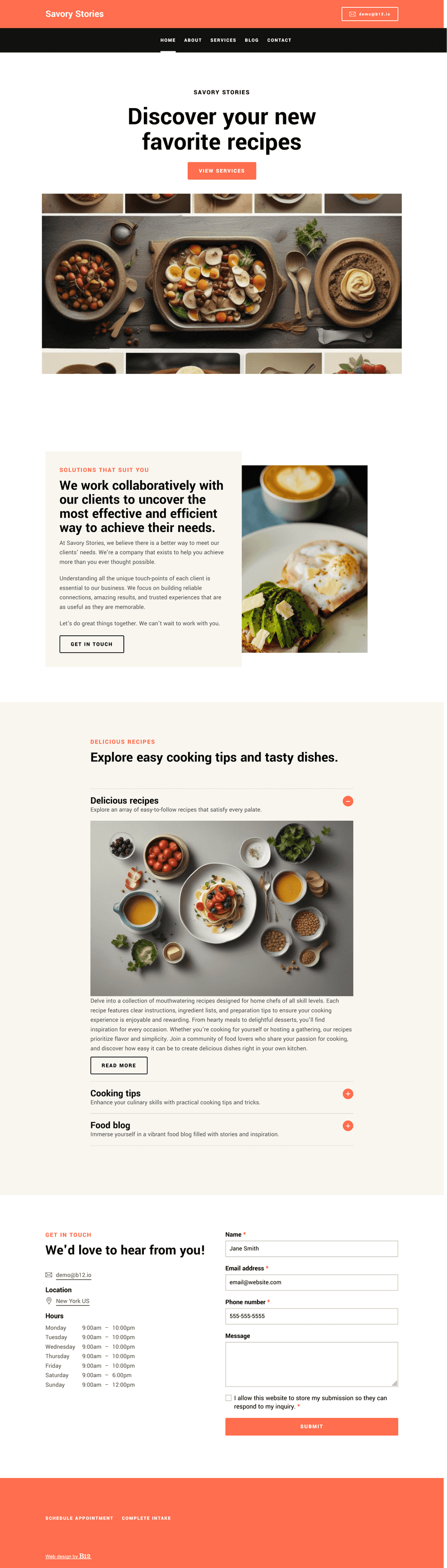 Design a clean and appetizing food blog layout for a home chef sharing easy recipes and cooking tips. Use a magazine-style grid, warm tones, and large imagery. Include recipes, a blog, and a page for cooking tips.
