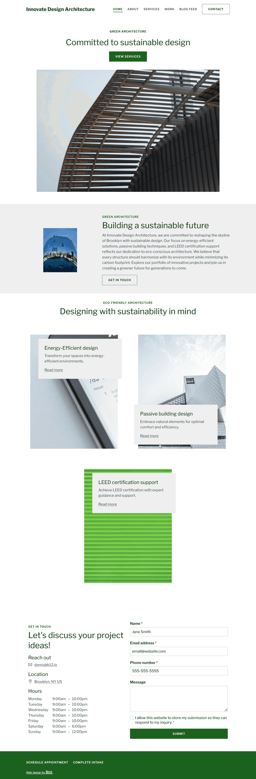 An architecture firm dedicated to sustainable design. Our services include energy-efficient design, passive building, and LEED certification support. The site should explain our commitment to green building practices and show our portfolio of eco-conscious projects. Add a blog for articles on sustainability trends and a form for inquiries.